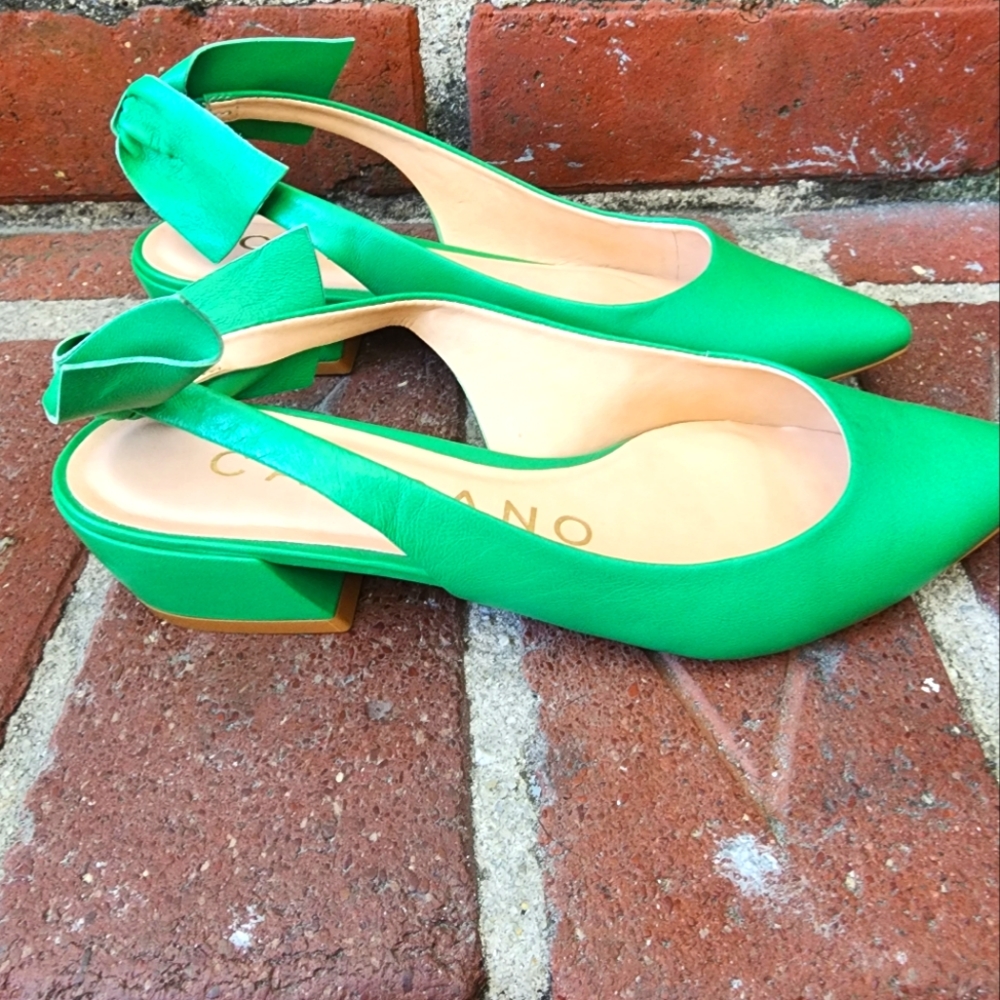 Carrano green leather slingbacks, size 9 and size 6,